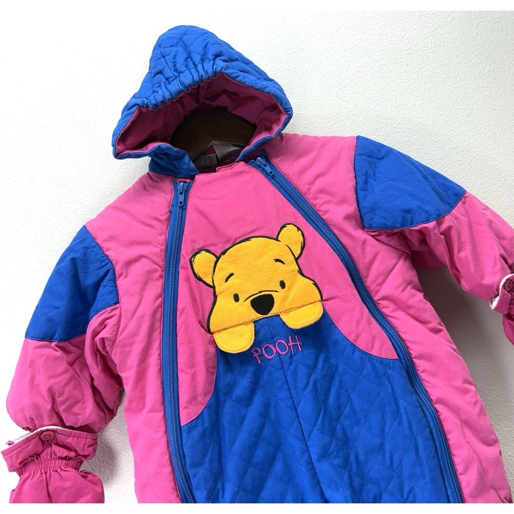 Vintage 90s Winnie The Pooh Snowsuit Girls 24 Months Mittens Romper Bunting Pink